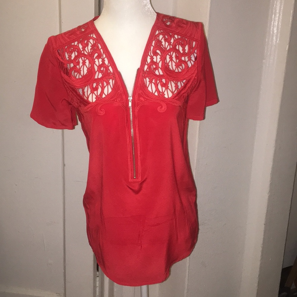The Kooples embroidered silk zip front top